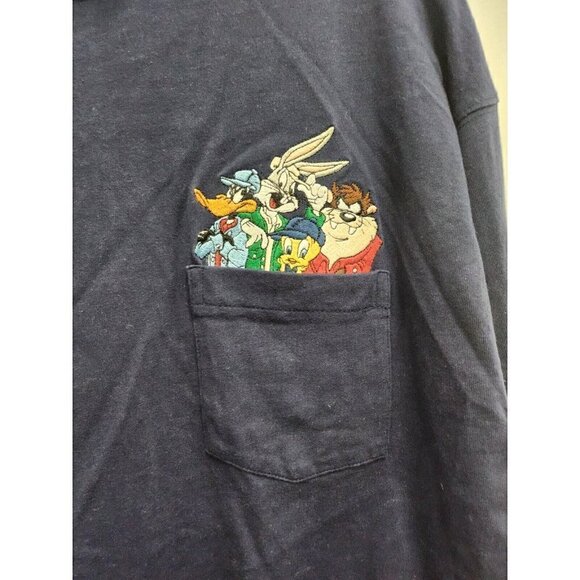 Vintage Looney Tunes Classic Mens Top XL Navy Mock Neck Long Sleeve Characters - Picture 2 of 8